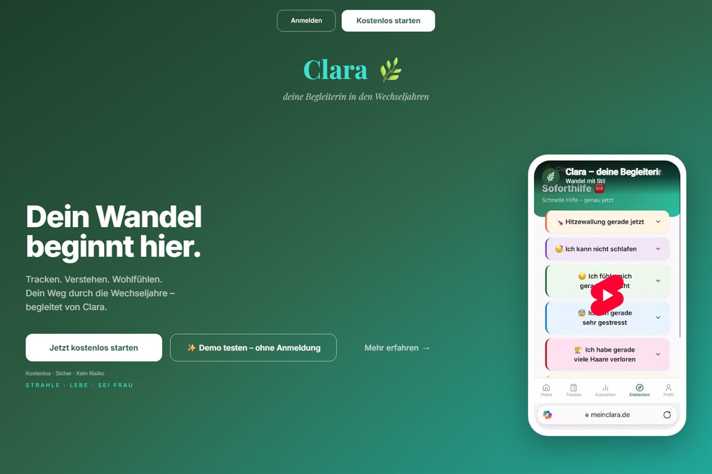 meinclara.de: Dein Wandel beginnt hier – Gesundheits-App mit Soforthilfe-Ansicht auf dem Smartphone