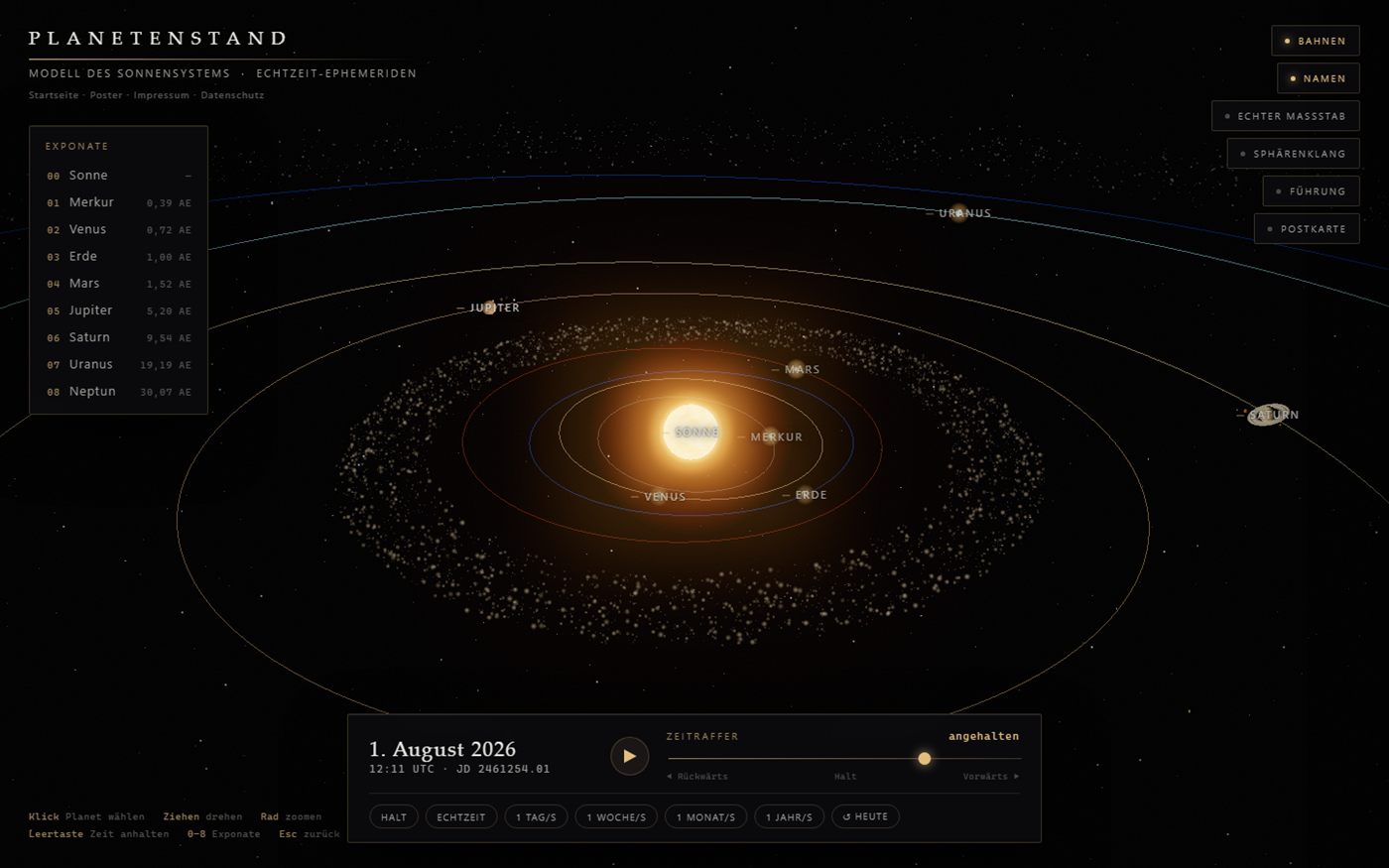 Planetenstand: interaktives 3D-Modell des Sonnensystems, frei drehbar im Browser