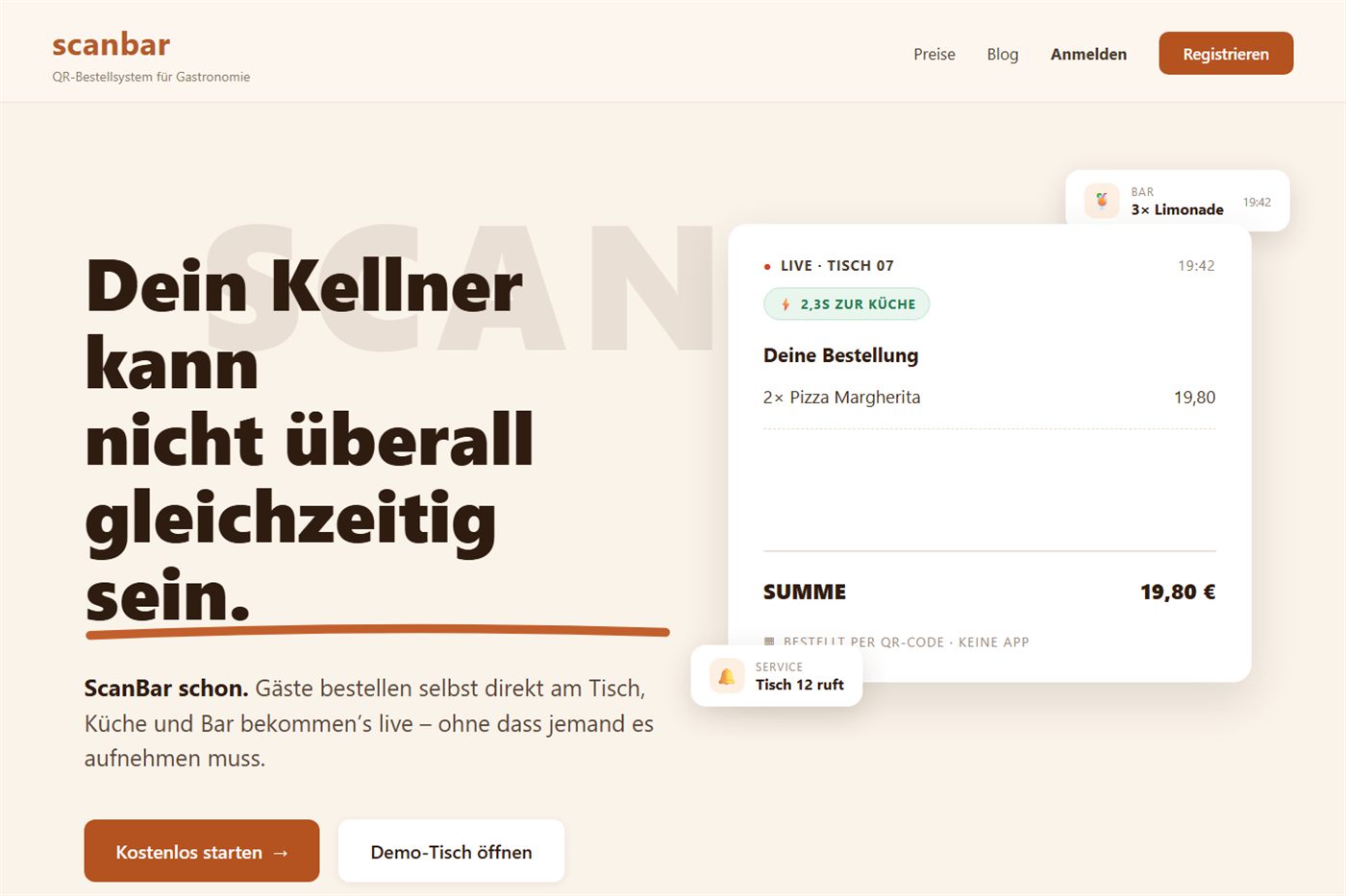 ScanBar Startseite: Dein Kellner kann nicht überall gleichzeitig sein – Live-Bestellkarte mit Tisch 07
