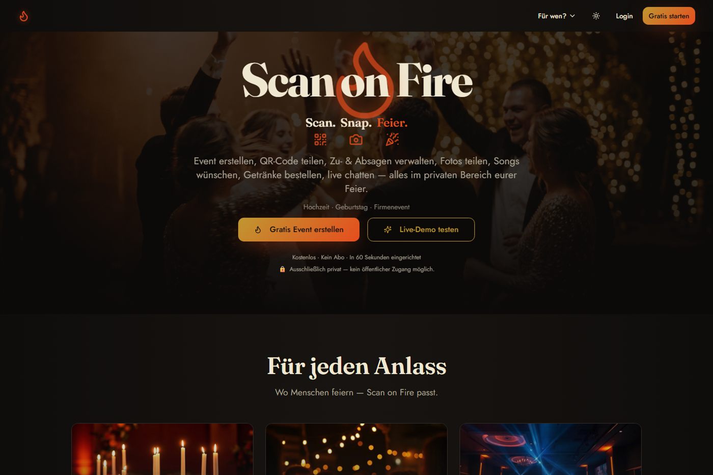 scanonfire.de: Scan. Snap. Feier. – Startseite mit Feierstimmung im Hintergrund
