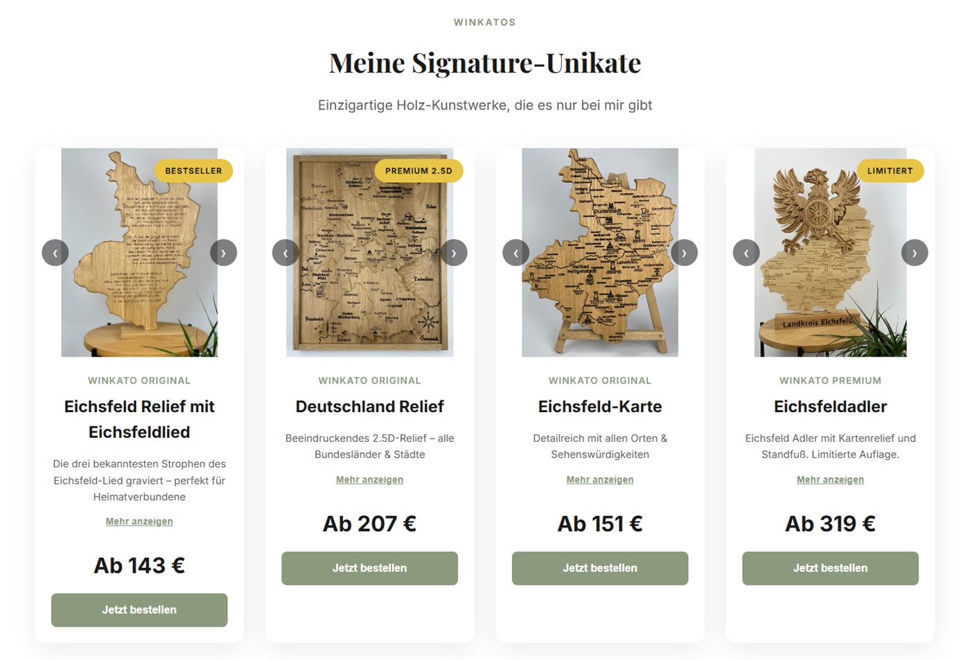 Shop-Ansicht von winkato.de: Produktkarten mit Preisen und Bestellbuttons